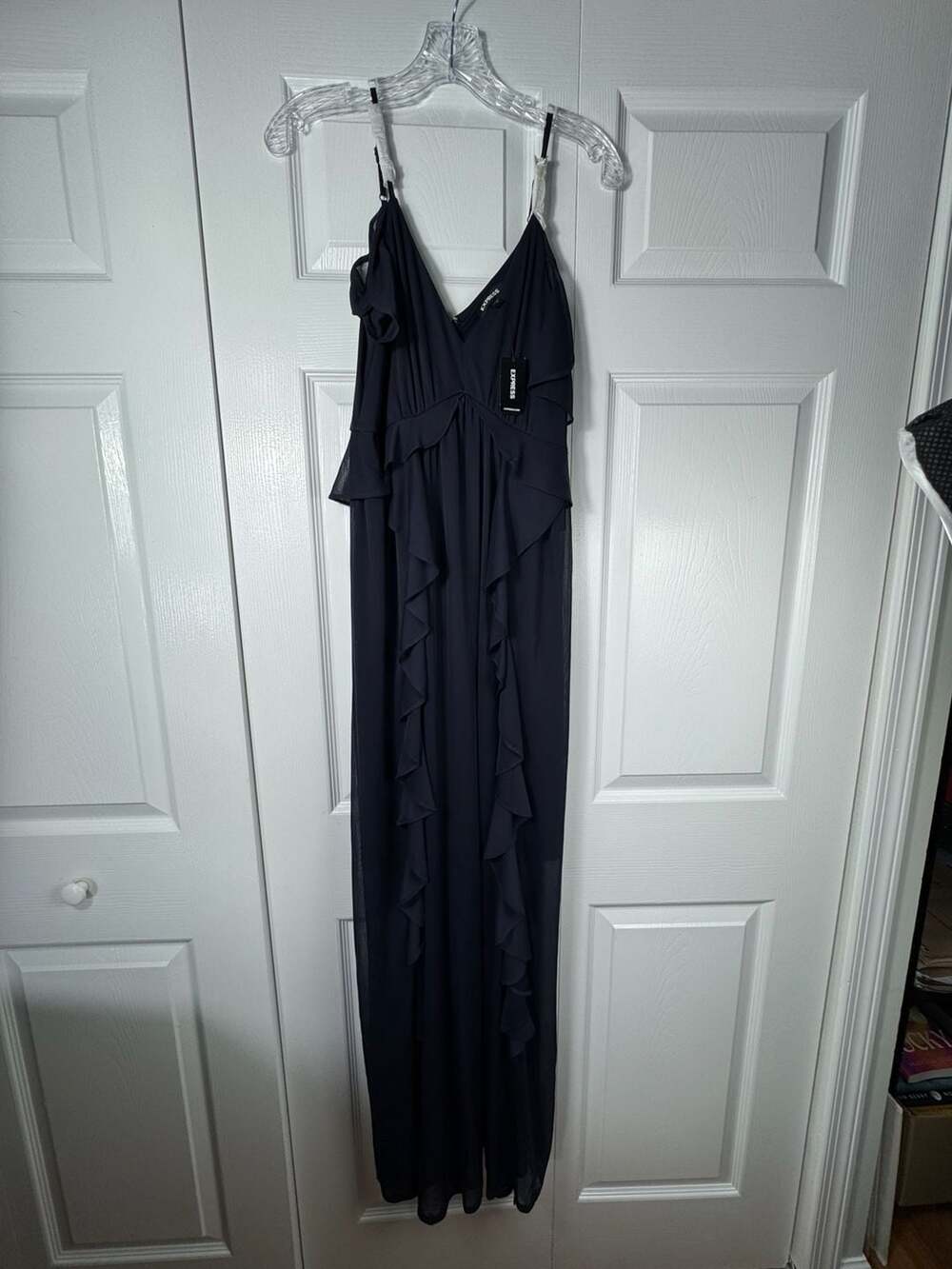 Express V-Neck Sleeveless Chiffon Ruffle Maxi Dress in Navy Blue